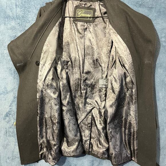 Vintage Wool Guess Black Trench Coat with Black Wrap Around Belt Woman’s Size XL - Picture 2 of 8